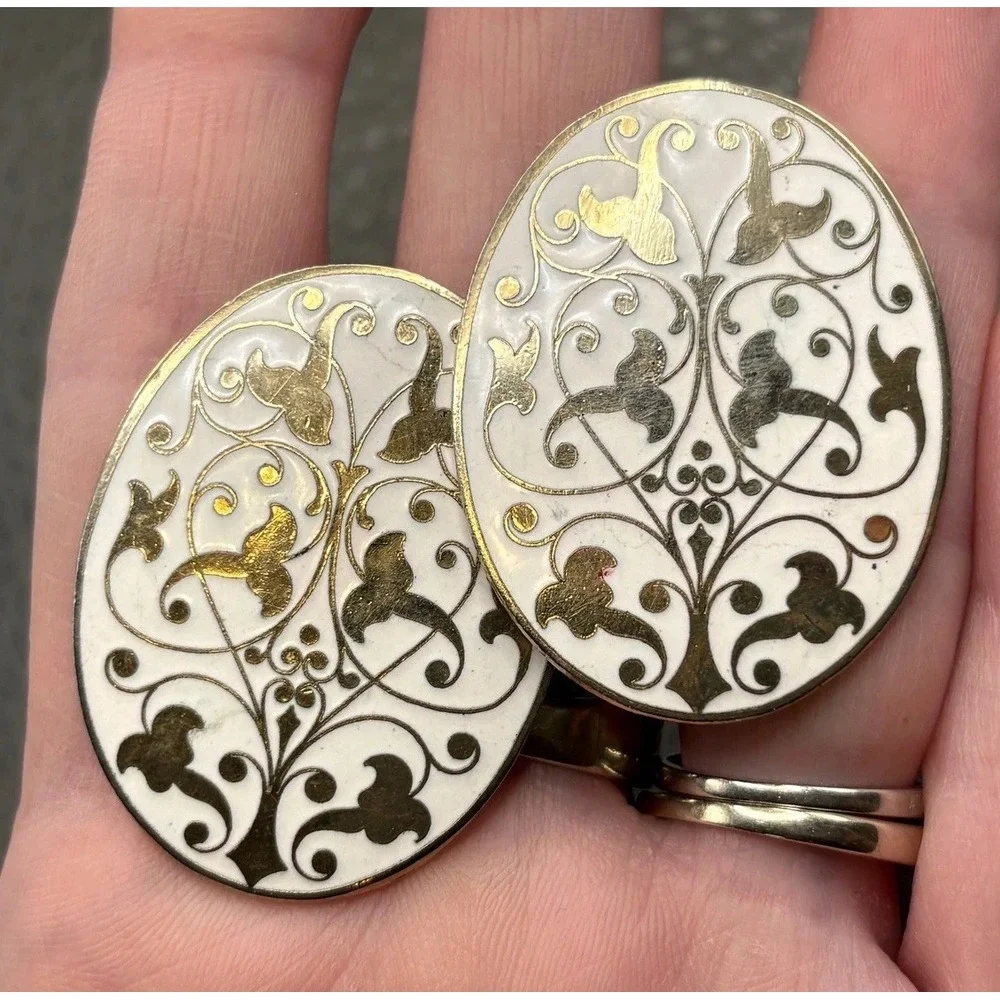 Vintage Huge Gigantic White Enamel Ornate Cufflinks Pat Pend Gold Tone